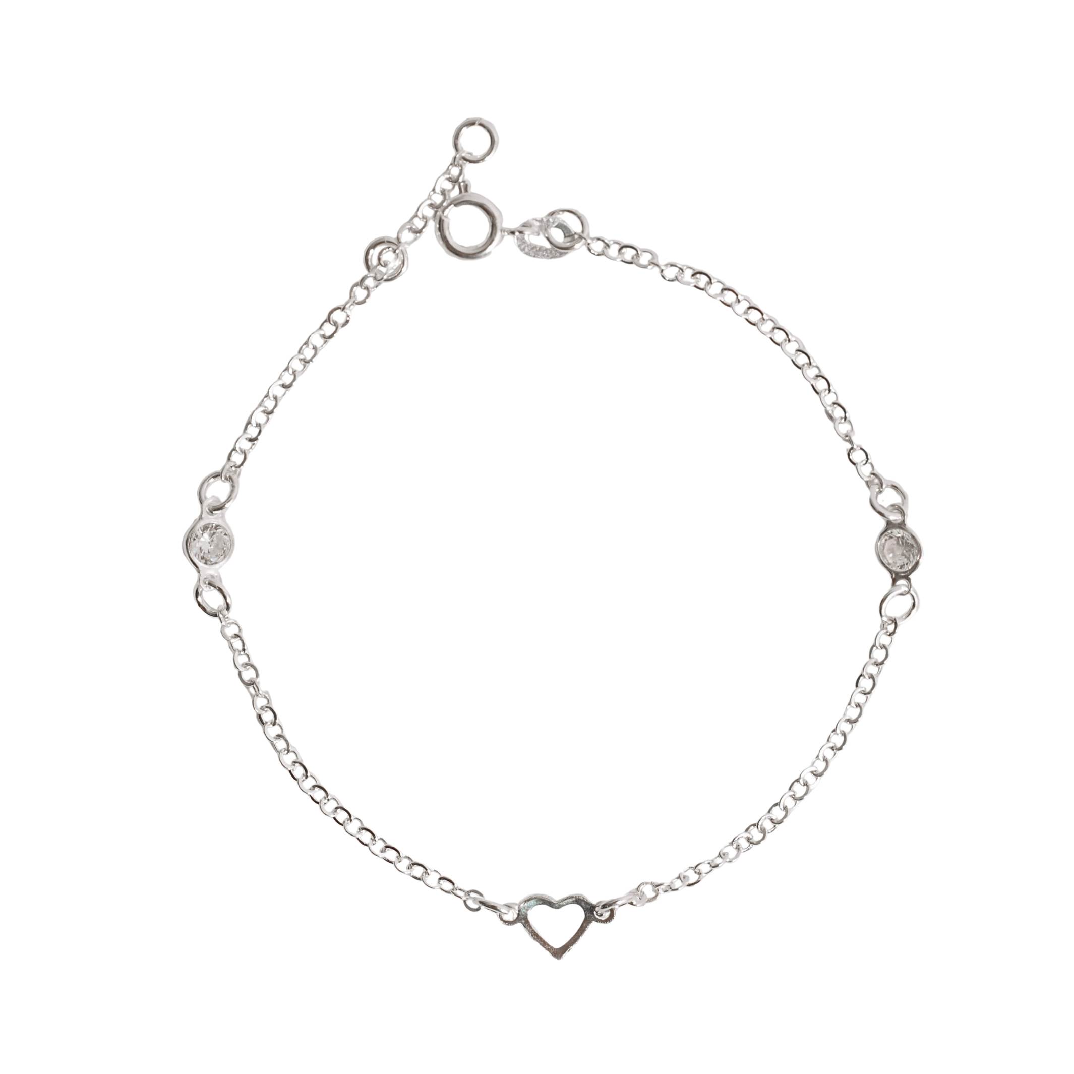 Imagem Pulseira entremeios zircônias 4mm e coração vazado 19cm