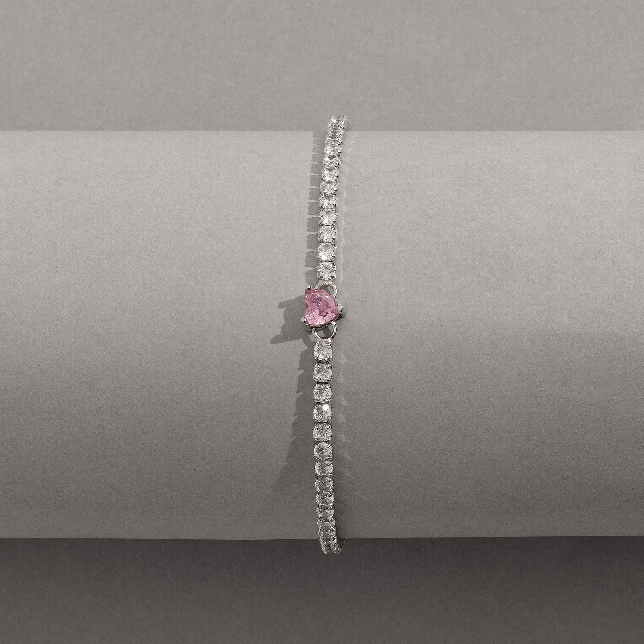 Imagem Secundária Pulseira Riviera 2.5 detalhe zircônia coração rosa 16,5cm com alongadora ródio