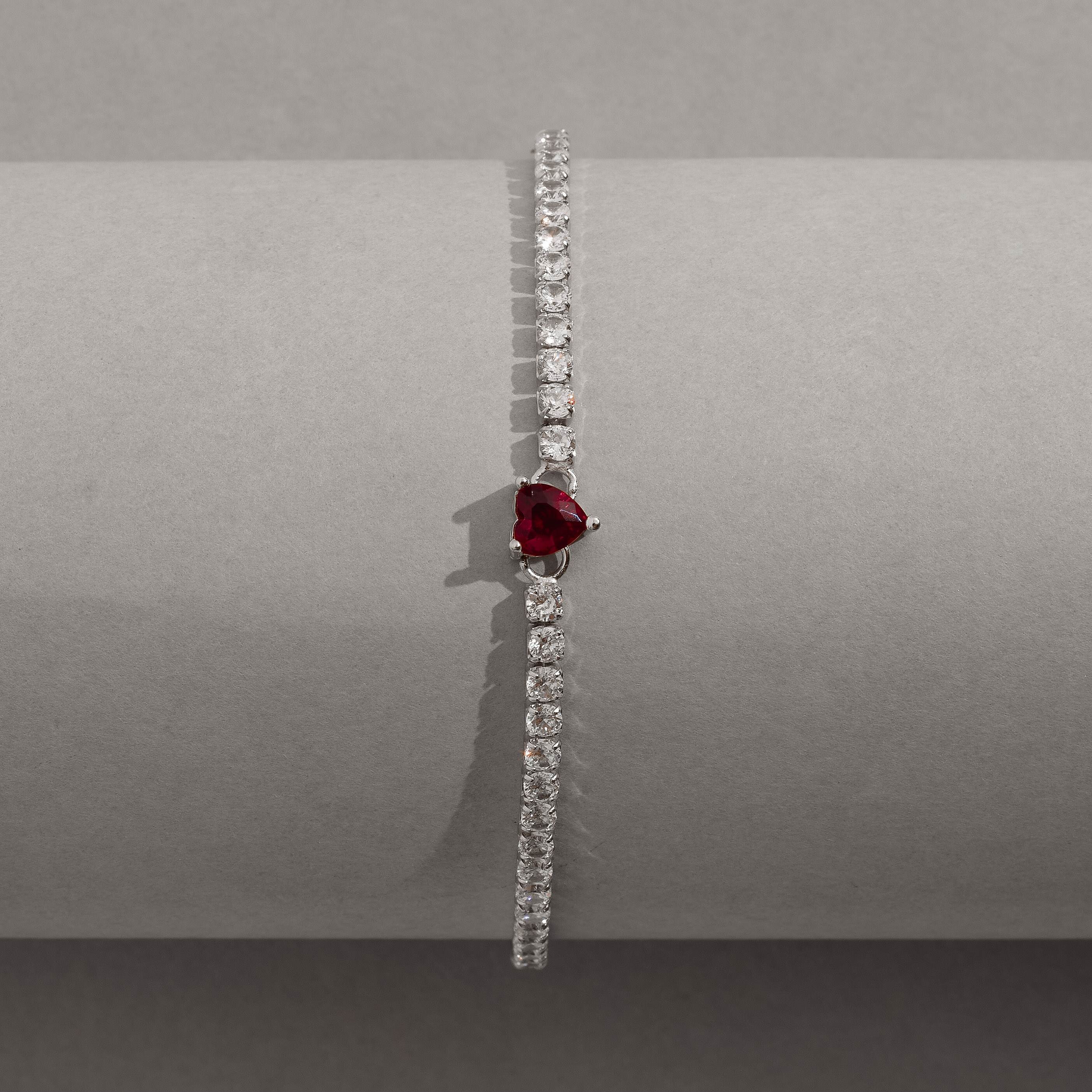 Pulseira Riviera 2.5 detalhe zircônia coração vermelho 16,5cm com alongadora ródio