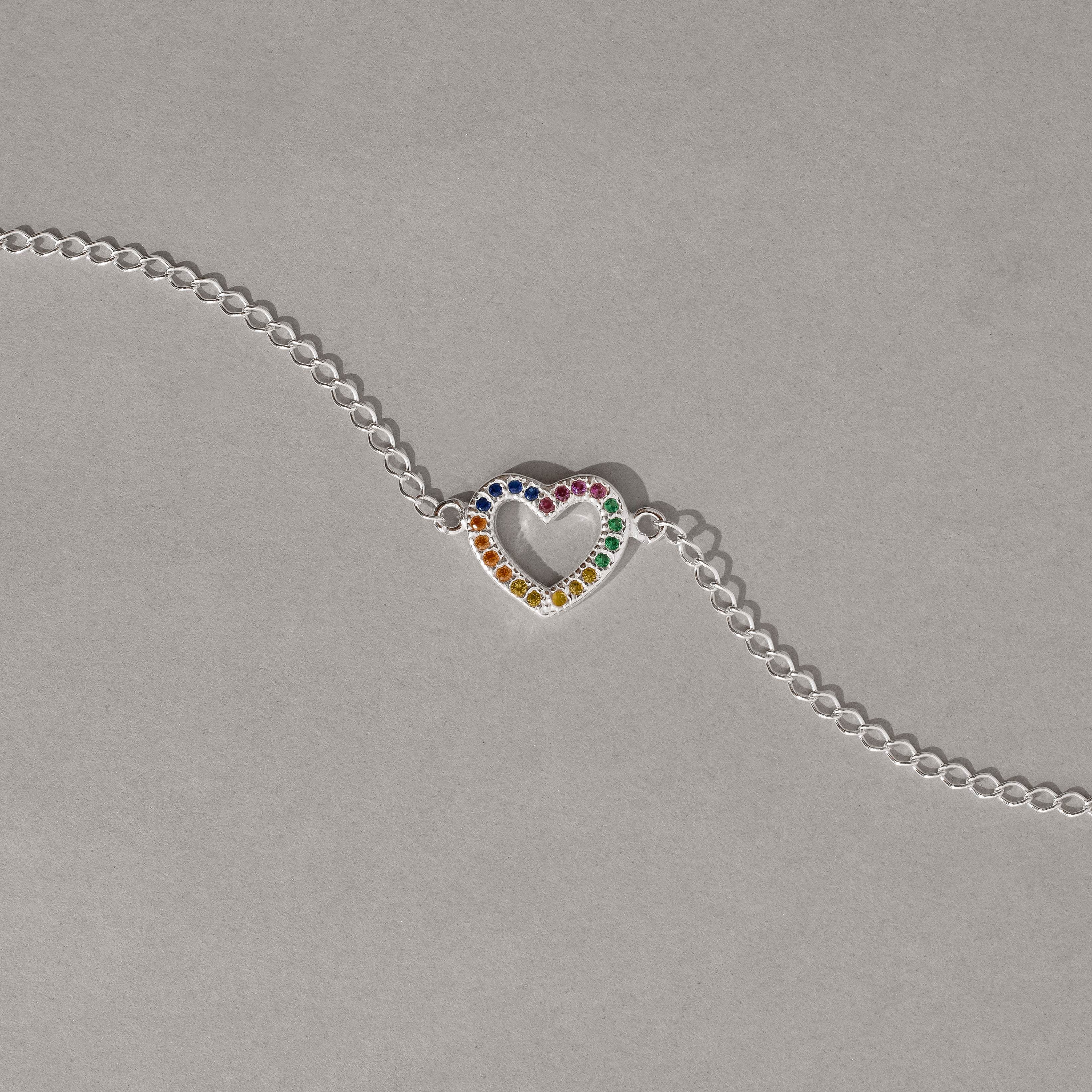 Pulseira entremeio coração vazado cravejado colorido 13mm