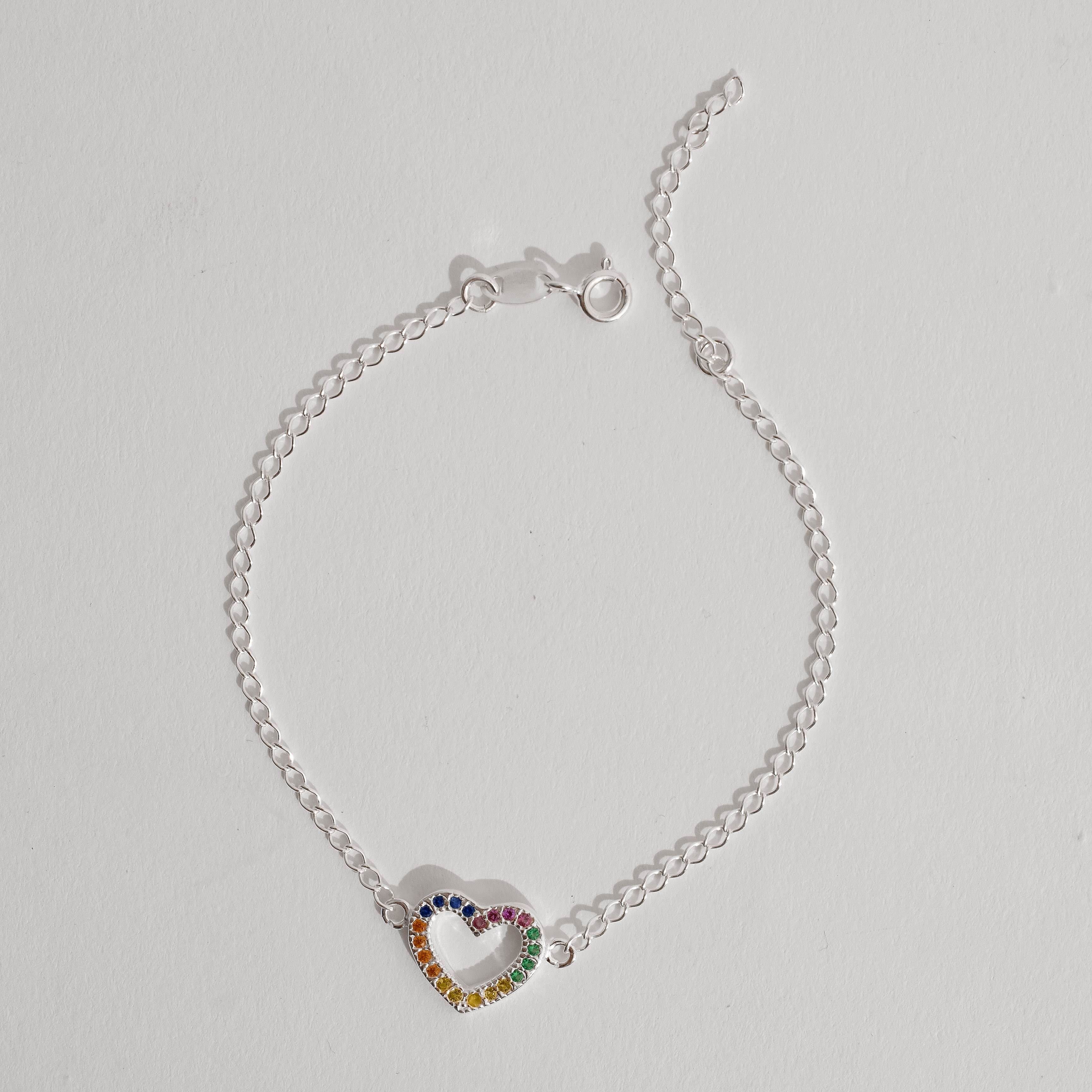 Pulseira entremeio coração vazado cravejado colorido 13mm