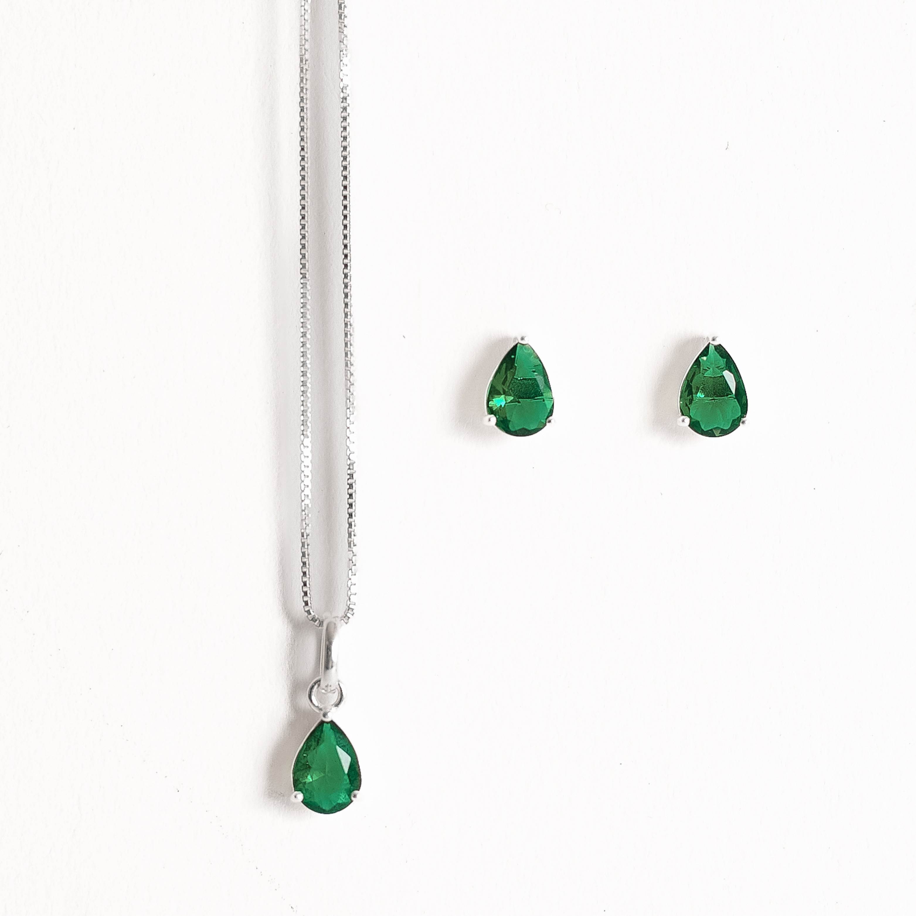 Imagem Conjunto brinco e colar zircônia gota esmeralda 6x4mm 40cm