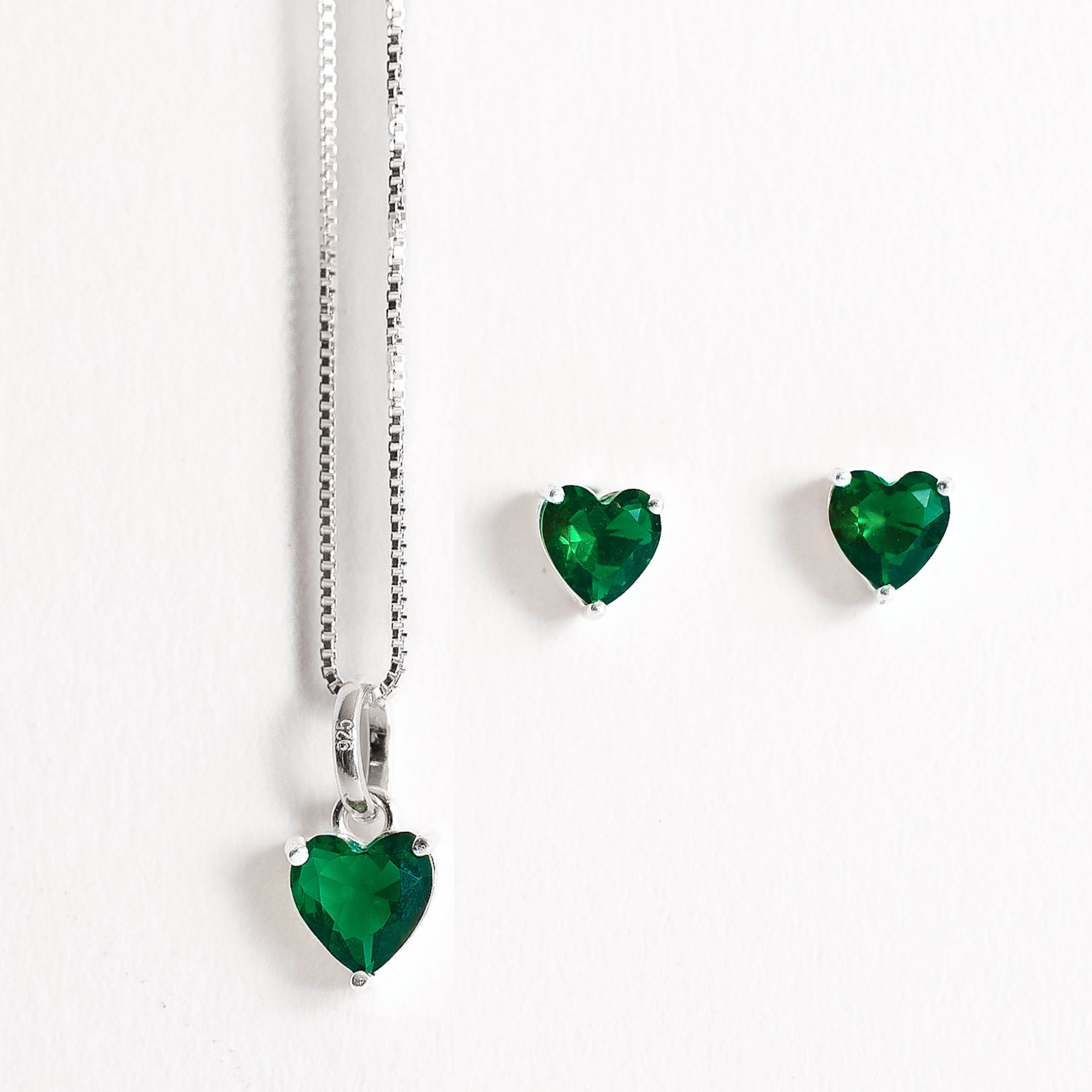 Conjunto brinco e colar zircônia coração esmeralda 6mm 45cm