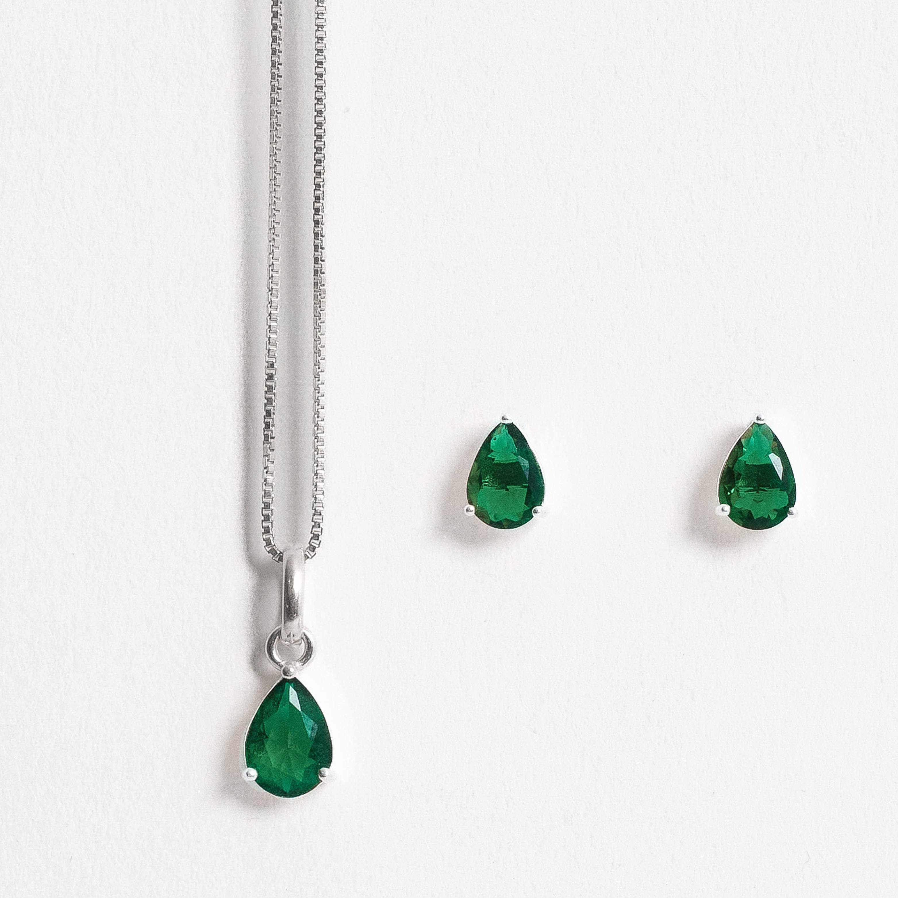 Imagem Conjunto brinco e colar zircônia gota esmeralda 7x5mm 45cm