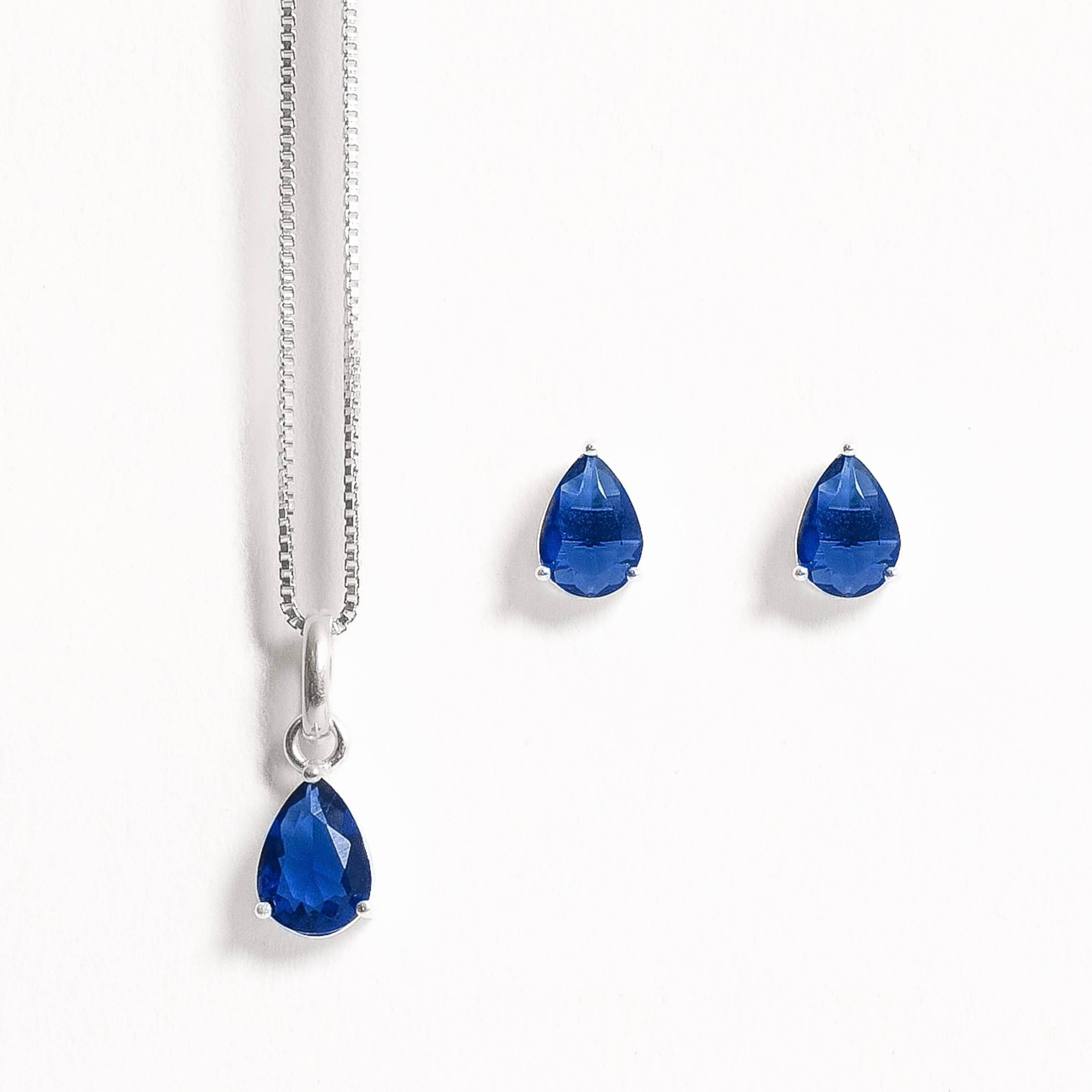 Imagem Conjunto brinco e colar zircônia gota azul 7x5mm 45cm