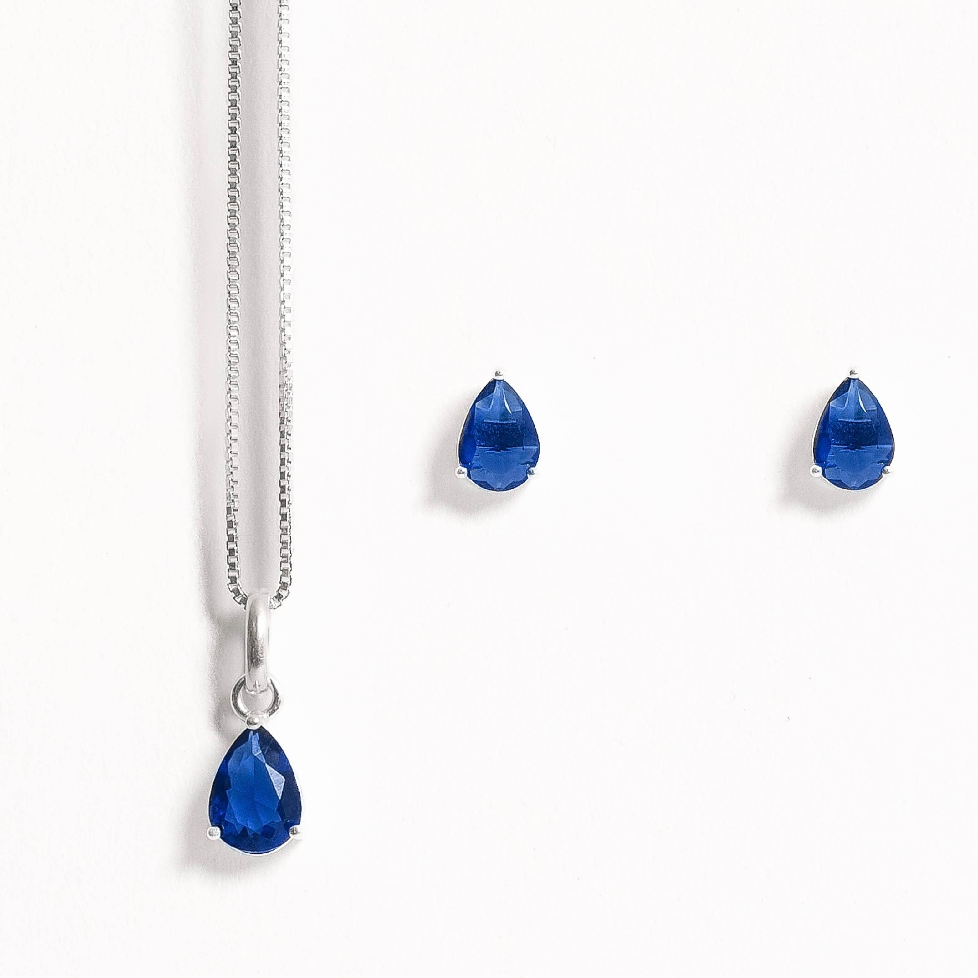 Imagem Conjunto brinco e colar zircônia gota azul 6x4mm 40cm