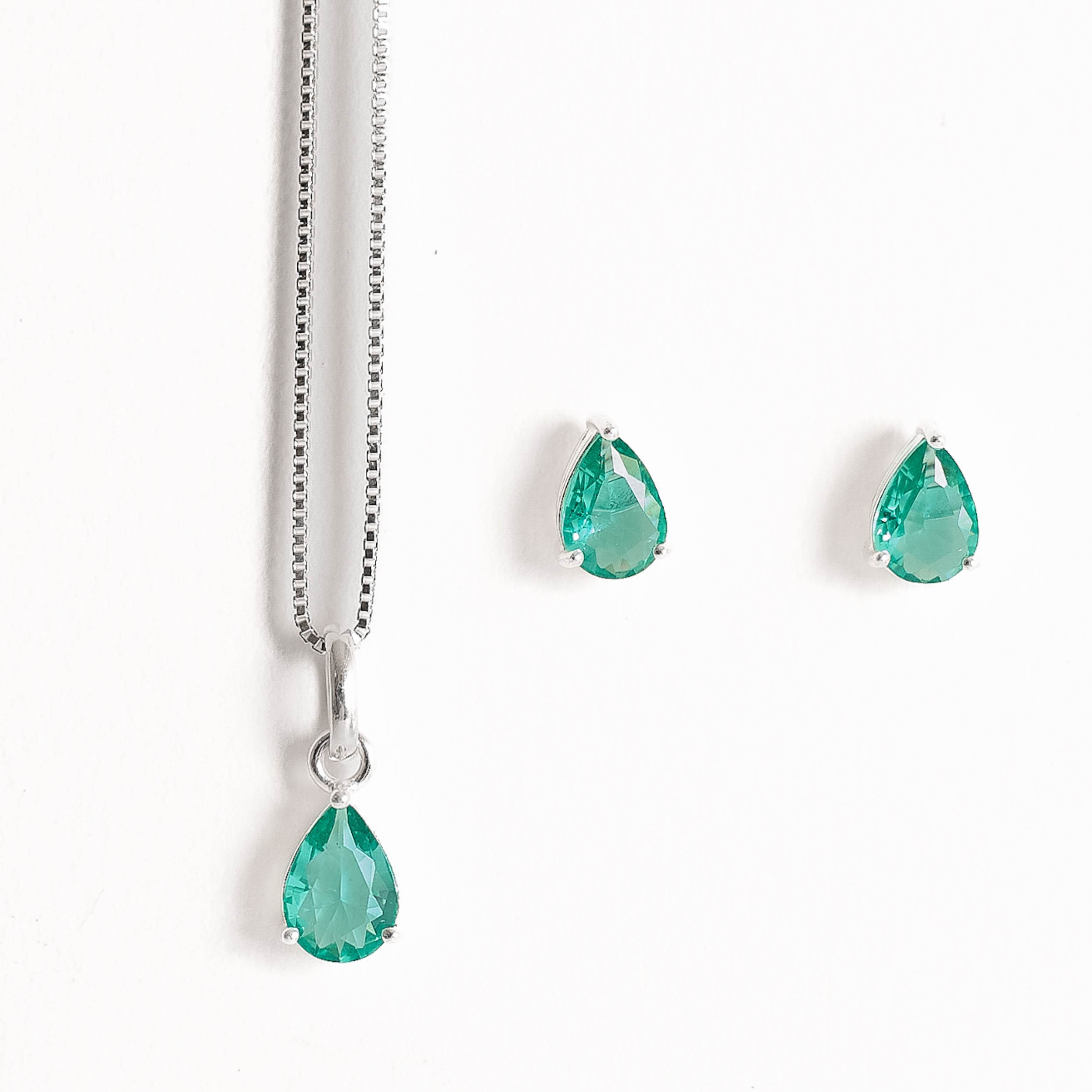 Imagem Conjunto brinco e colar zircônia gota turmalina 7x5mm 45cm