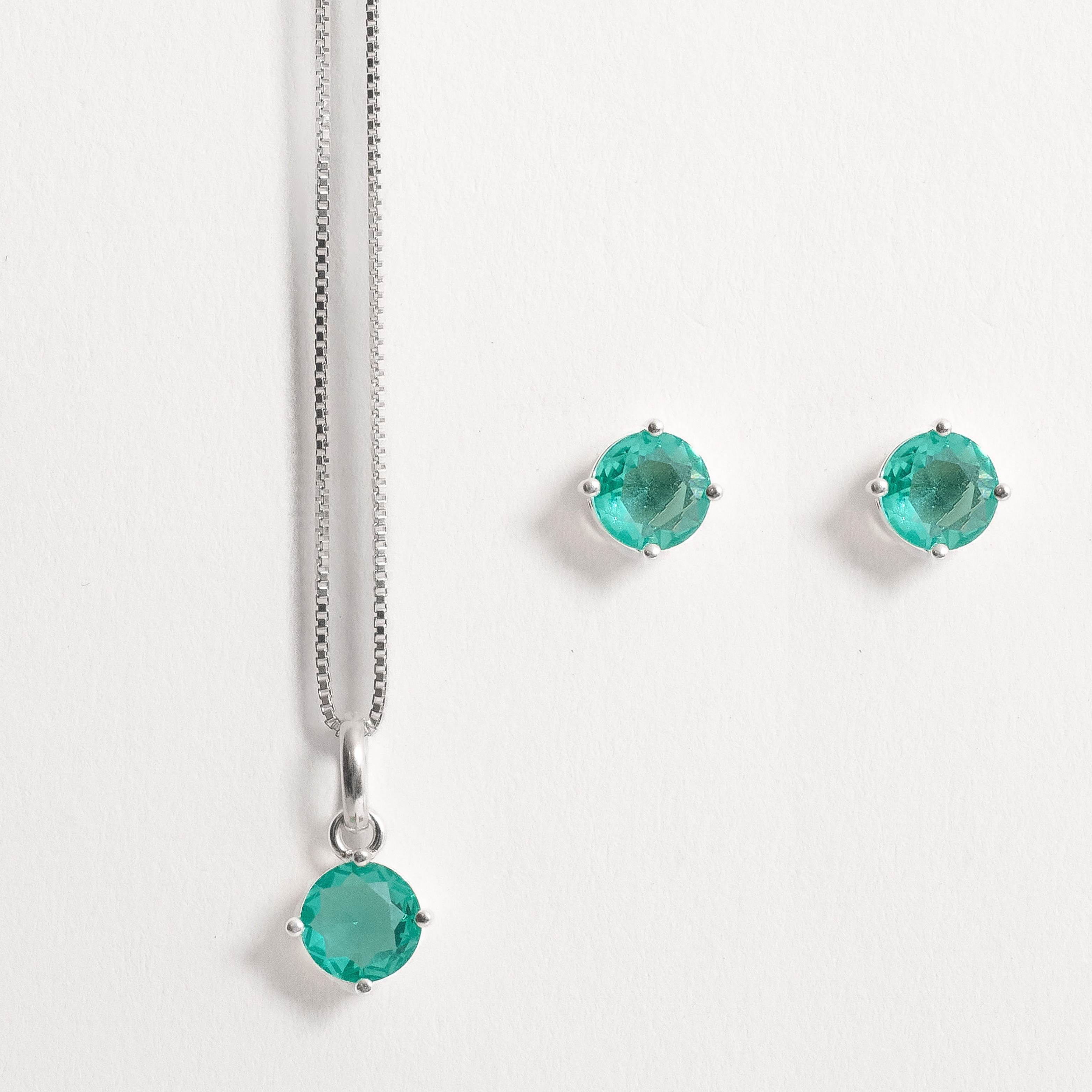 Imagem Conjunto brinco e colar zircônia redonda turmalina 6mm 45cm
