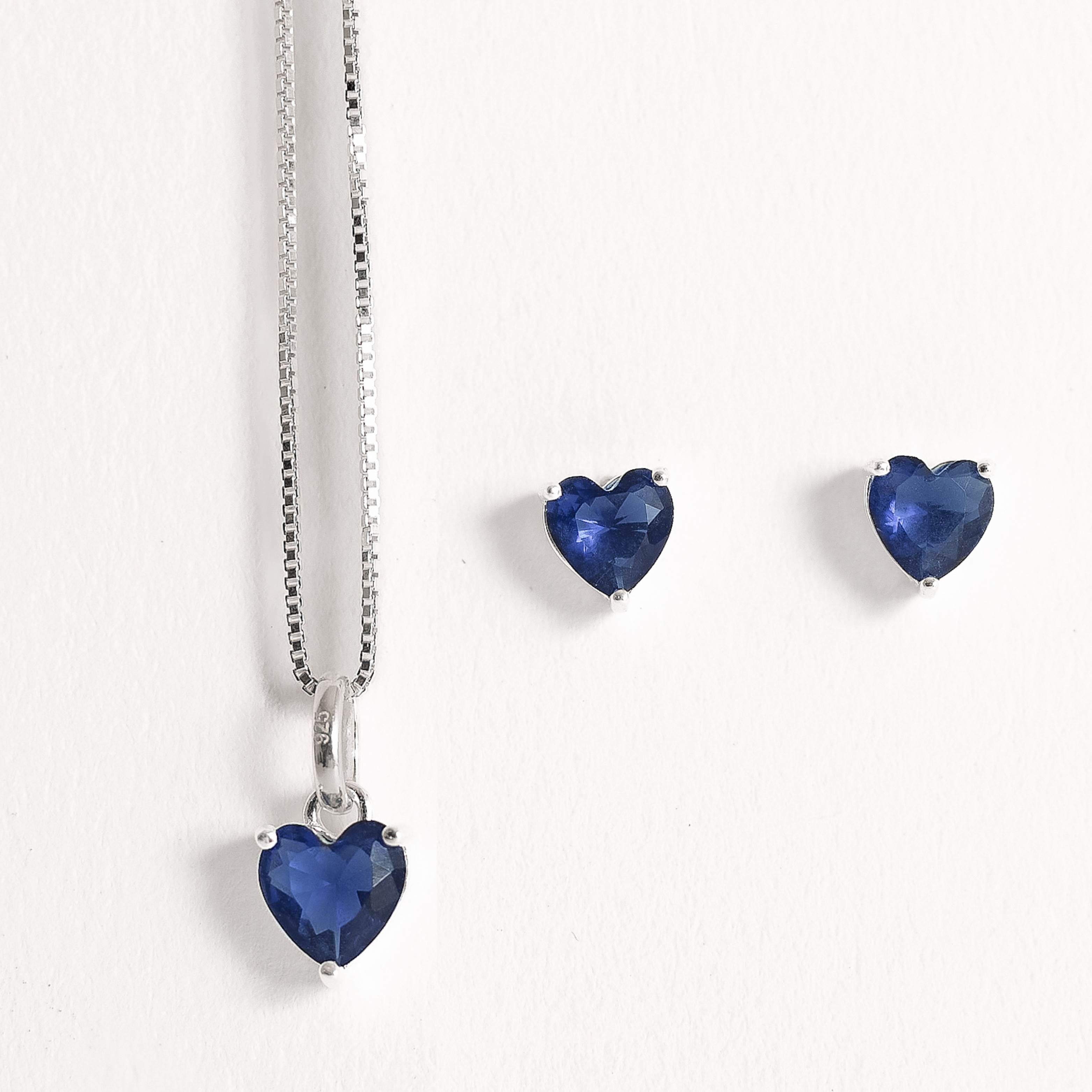Conjunto brinco e colar zircônia coração azul 6mm 45cm