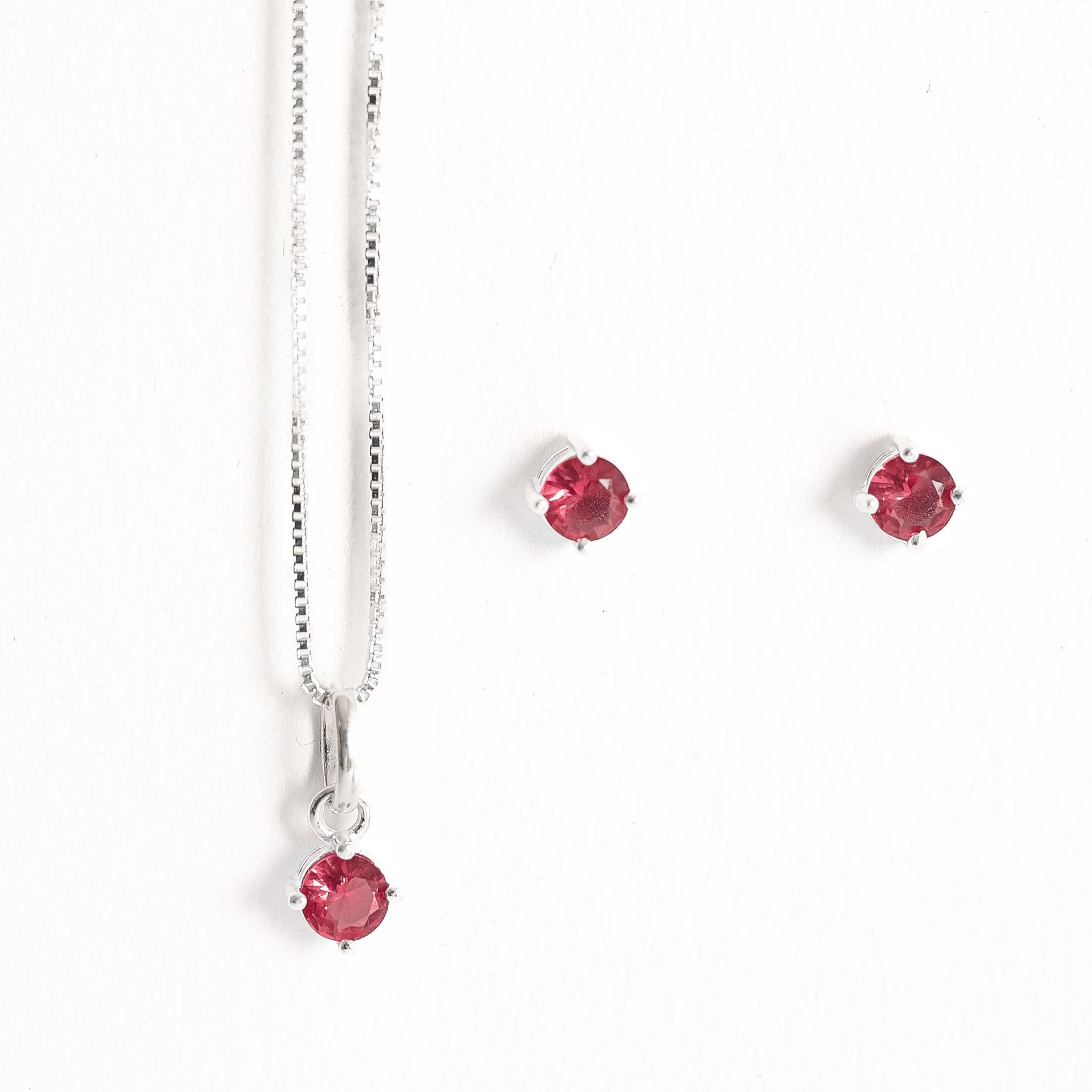 Imagem Conjunto brinco e colar zircônia redonda rubi 4mm 40cm
