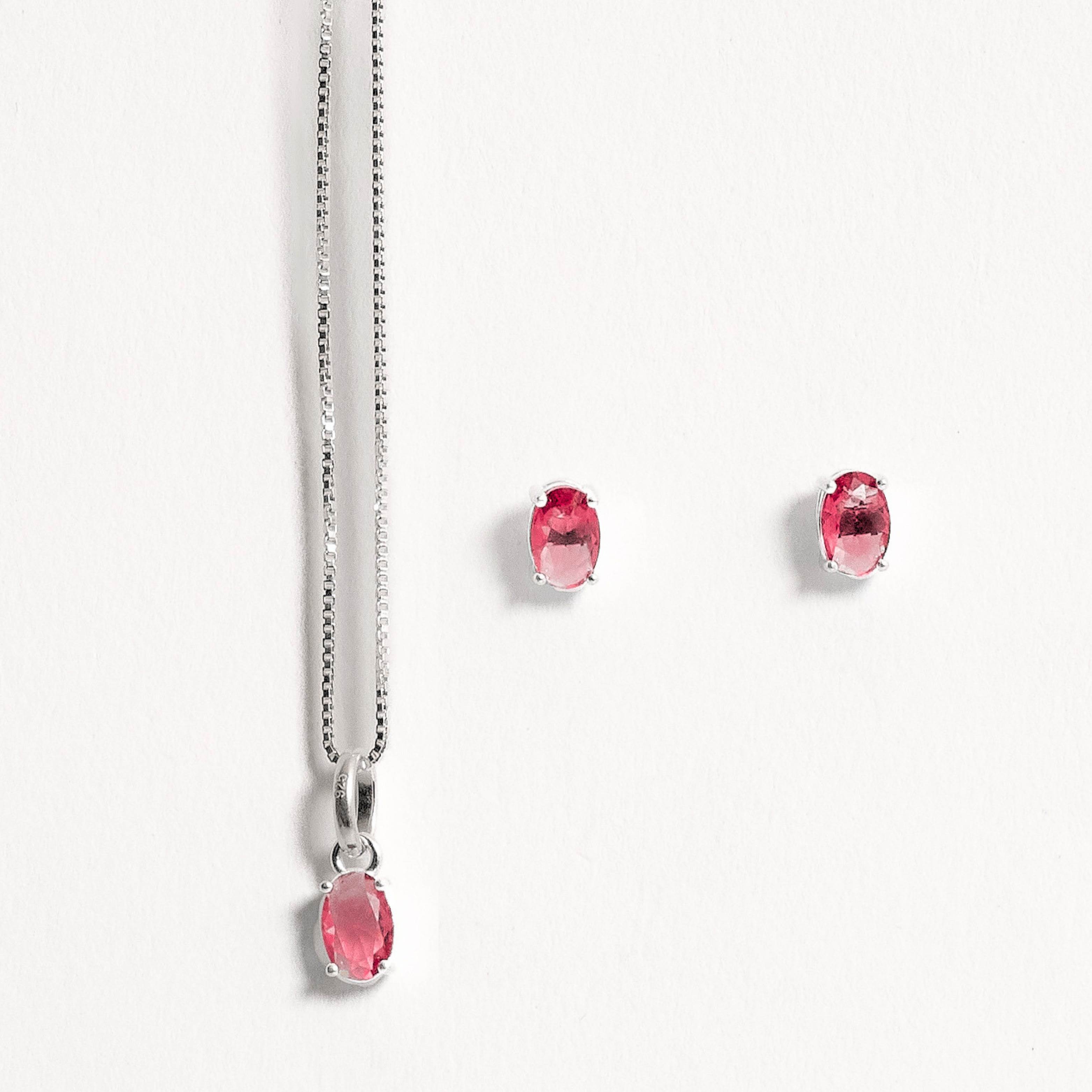 Imagem Conjunto brinco e colar zircônia oval rubi 6x4mm 45cm