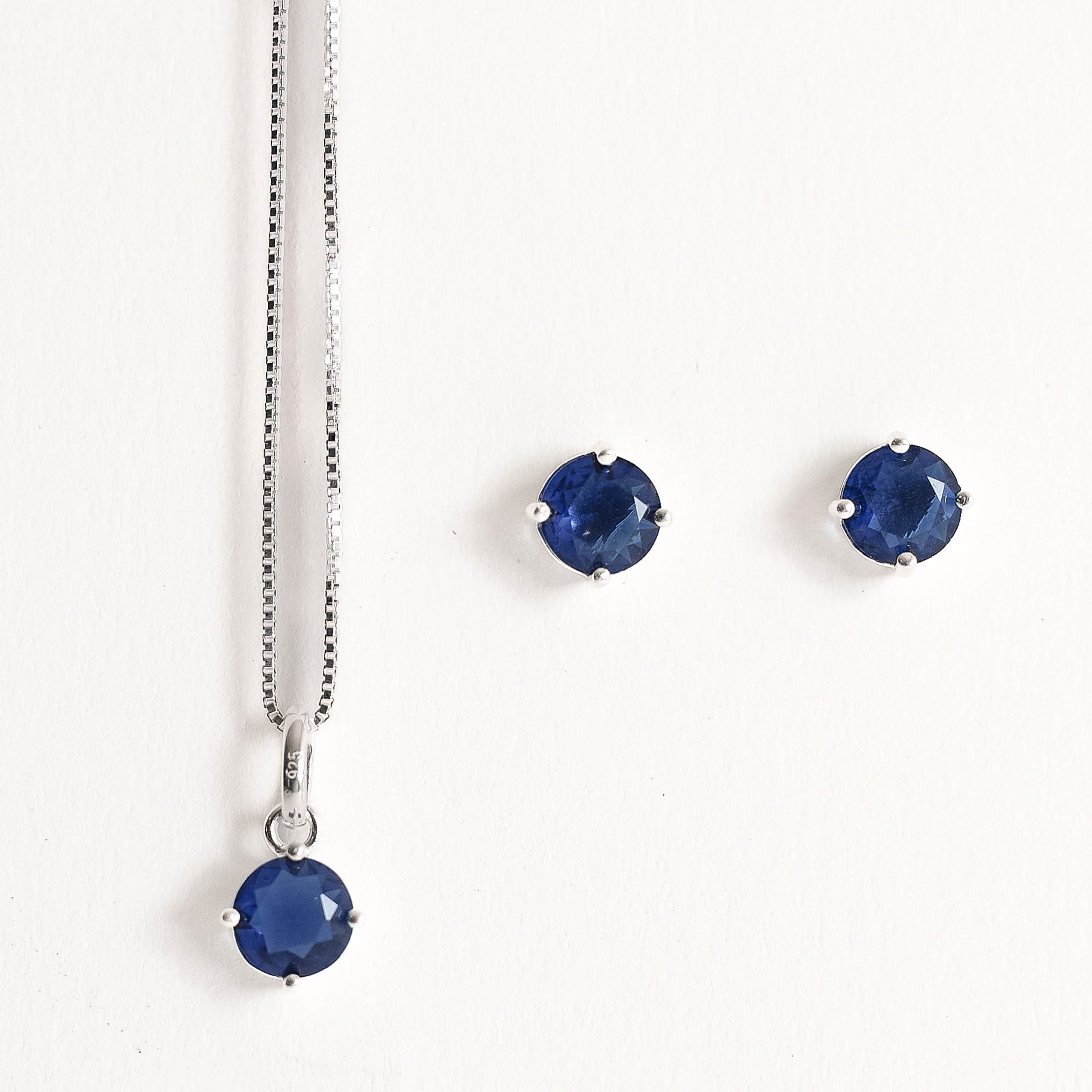 Conjunto brinco e colar zircônia redonda azul 6mm 45cm