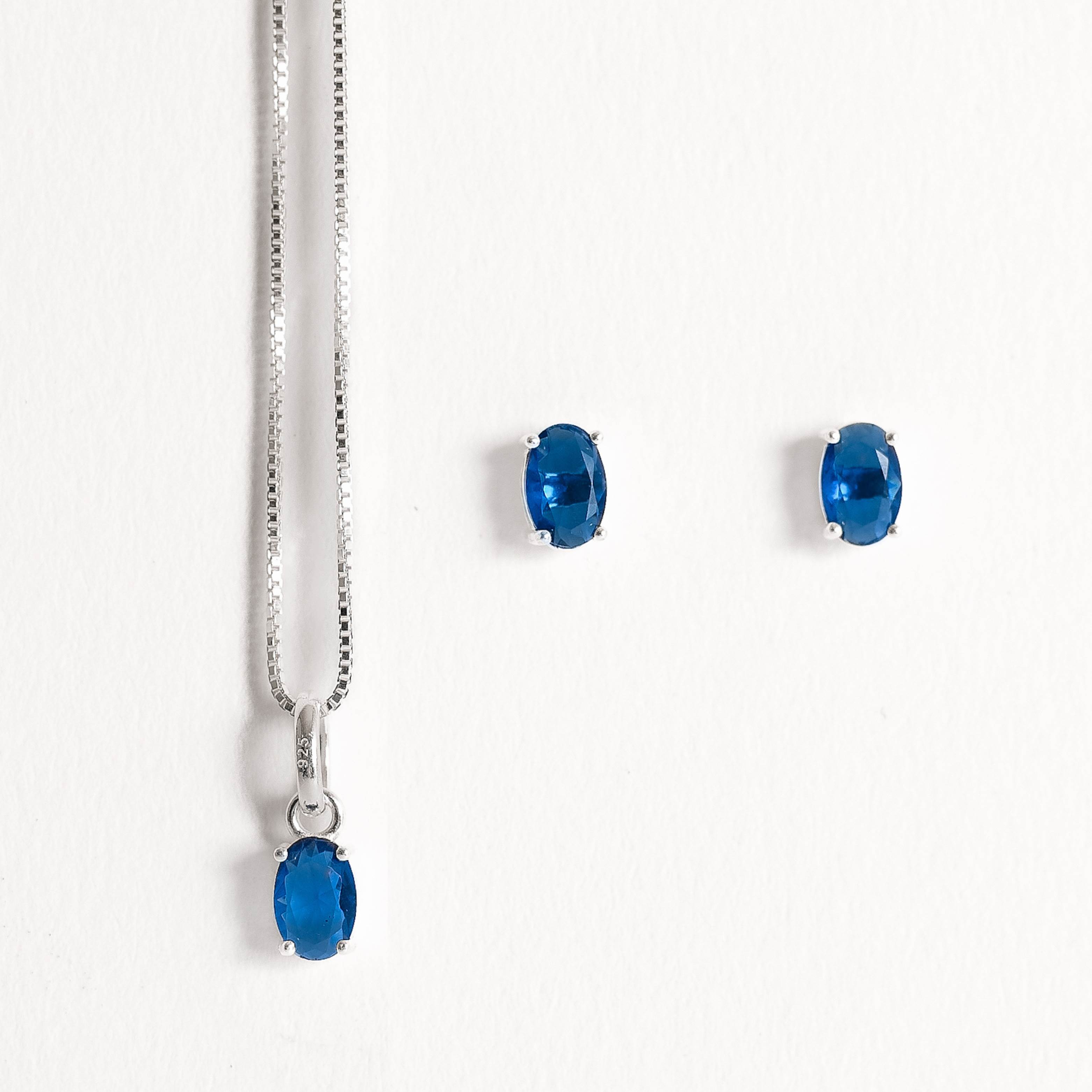 Imagem Conjunto brinco e colar zircônia oval azul 6x4mm 45cm