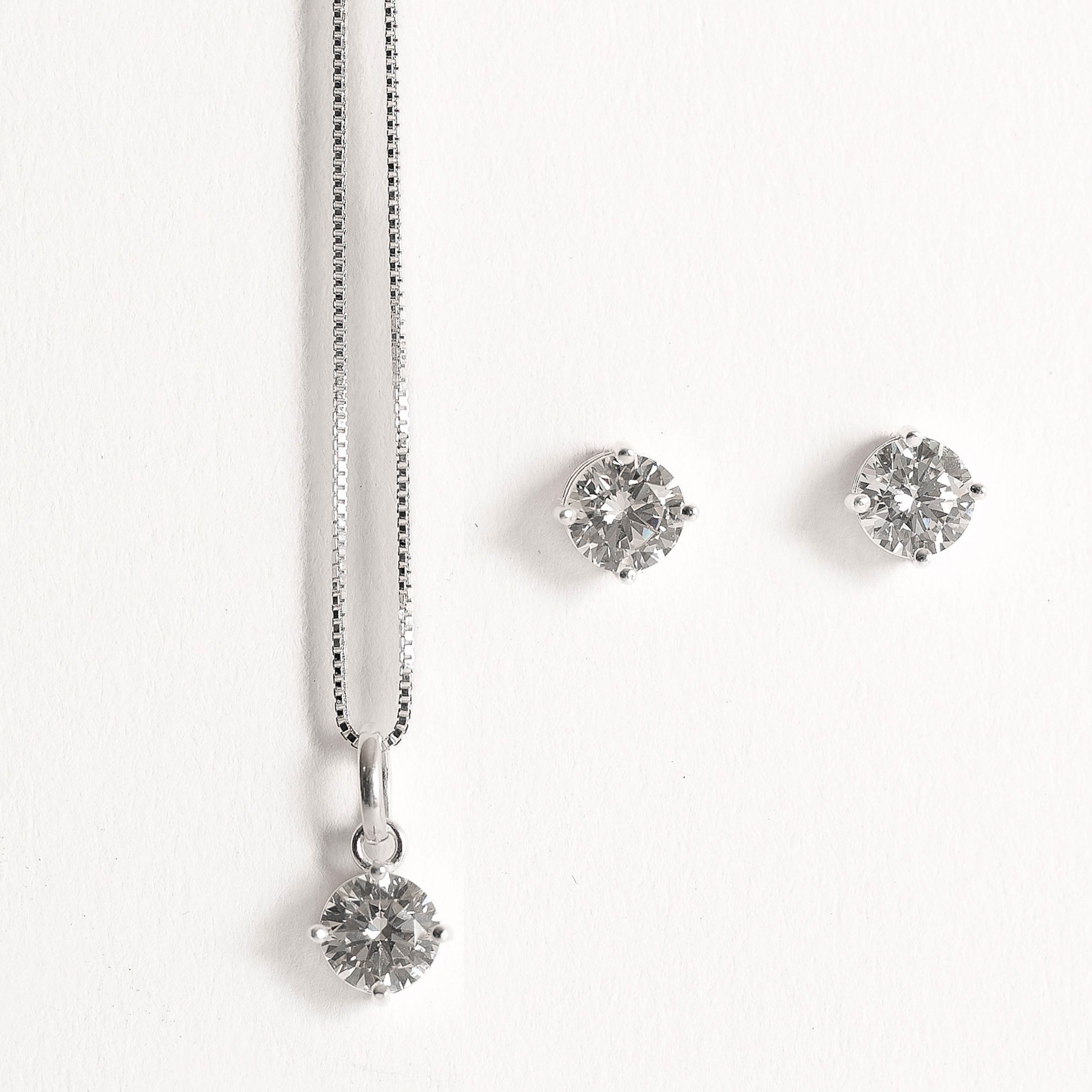 Conjunto brinco e colar zircônia redonda cristal 6mm 45cm