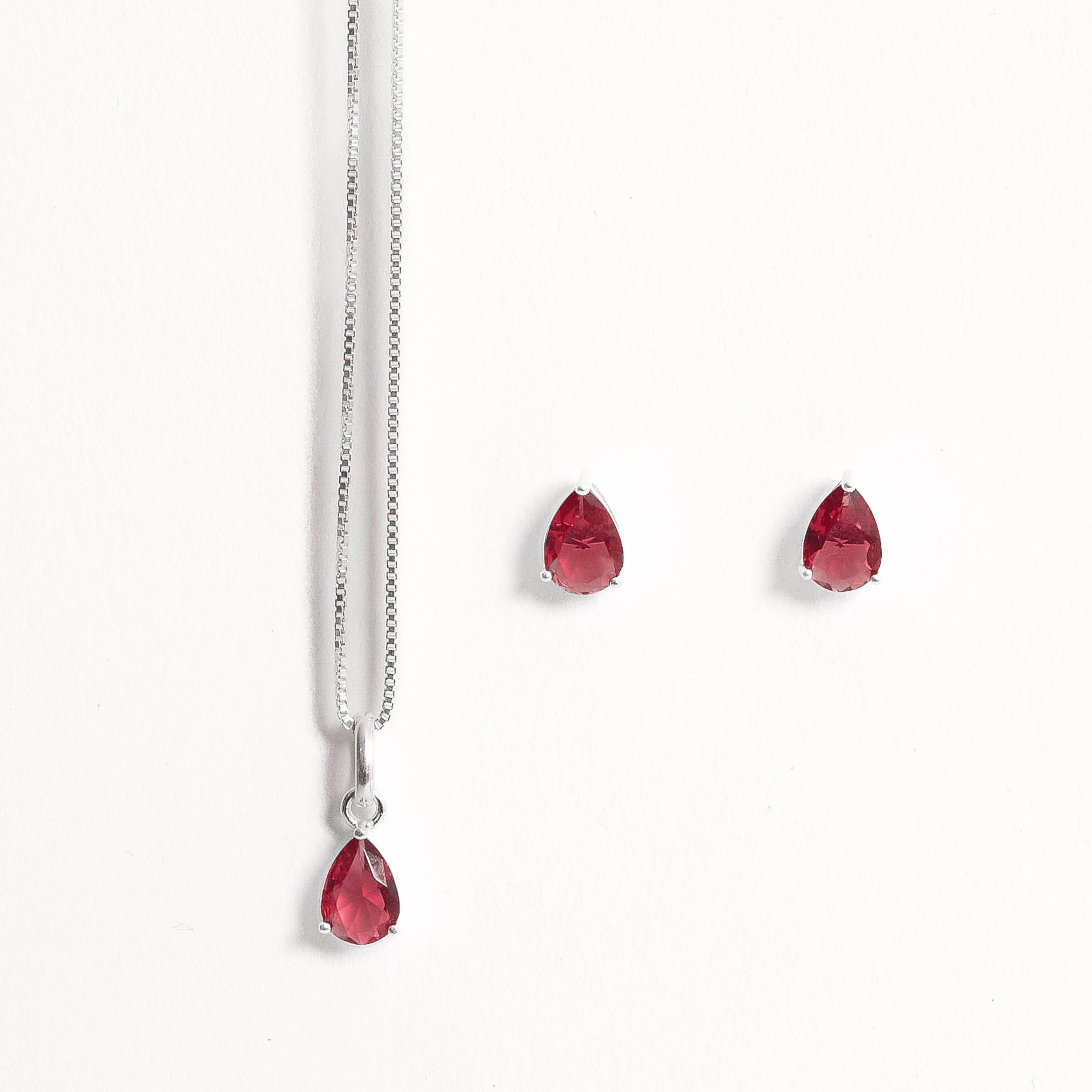 Imagem Conjunto brinco e colar zircônia gota rubi 6x4mm 40cm