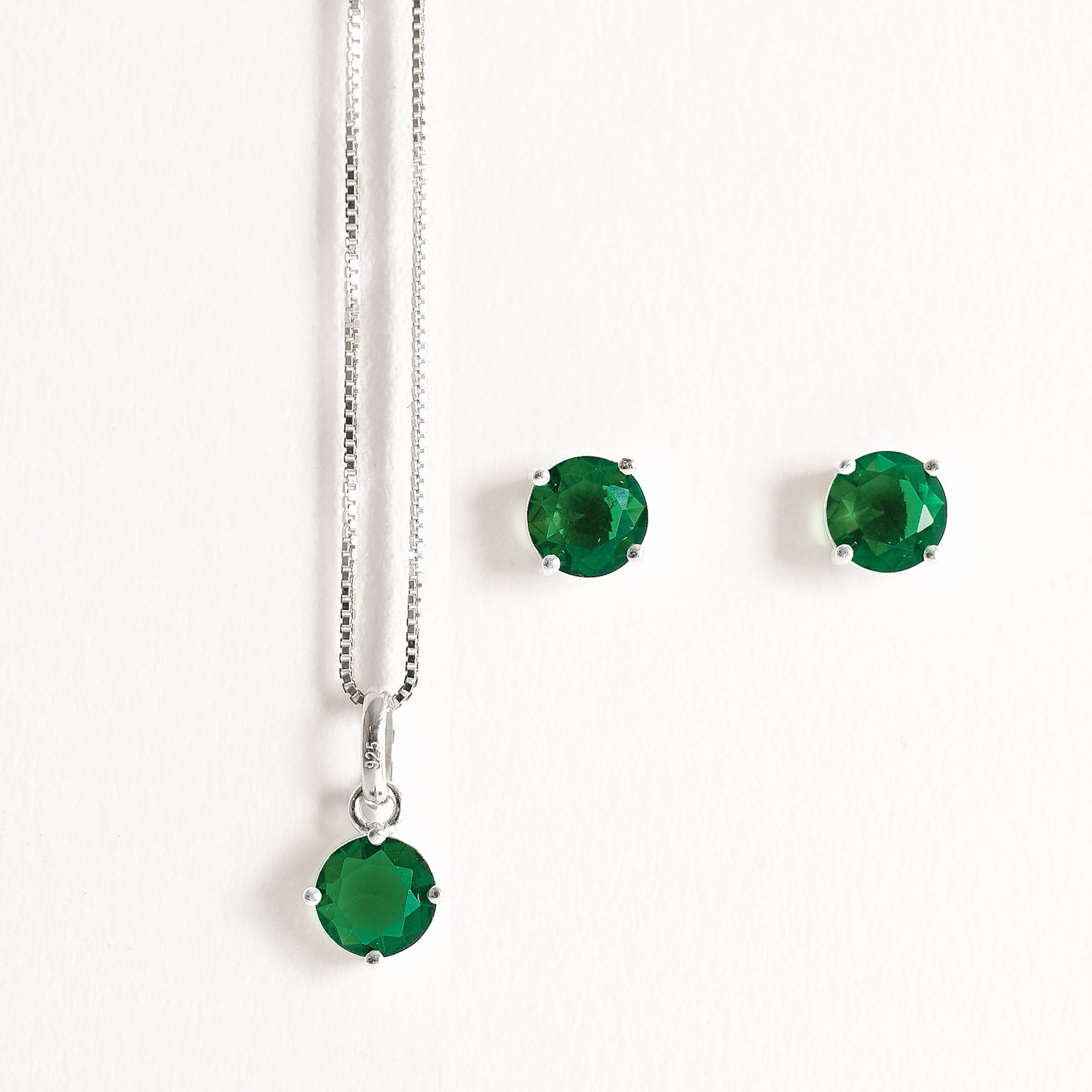 Conjunto brinco e colar zircônia redonda esmeralda 6mm 45cm