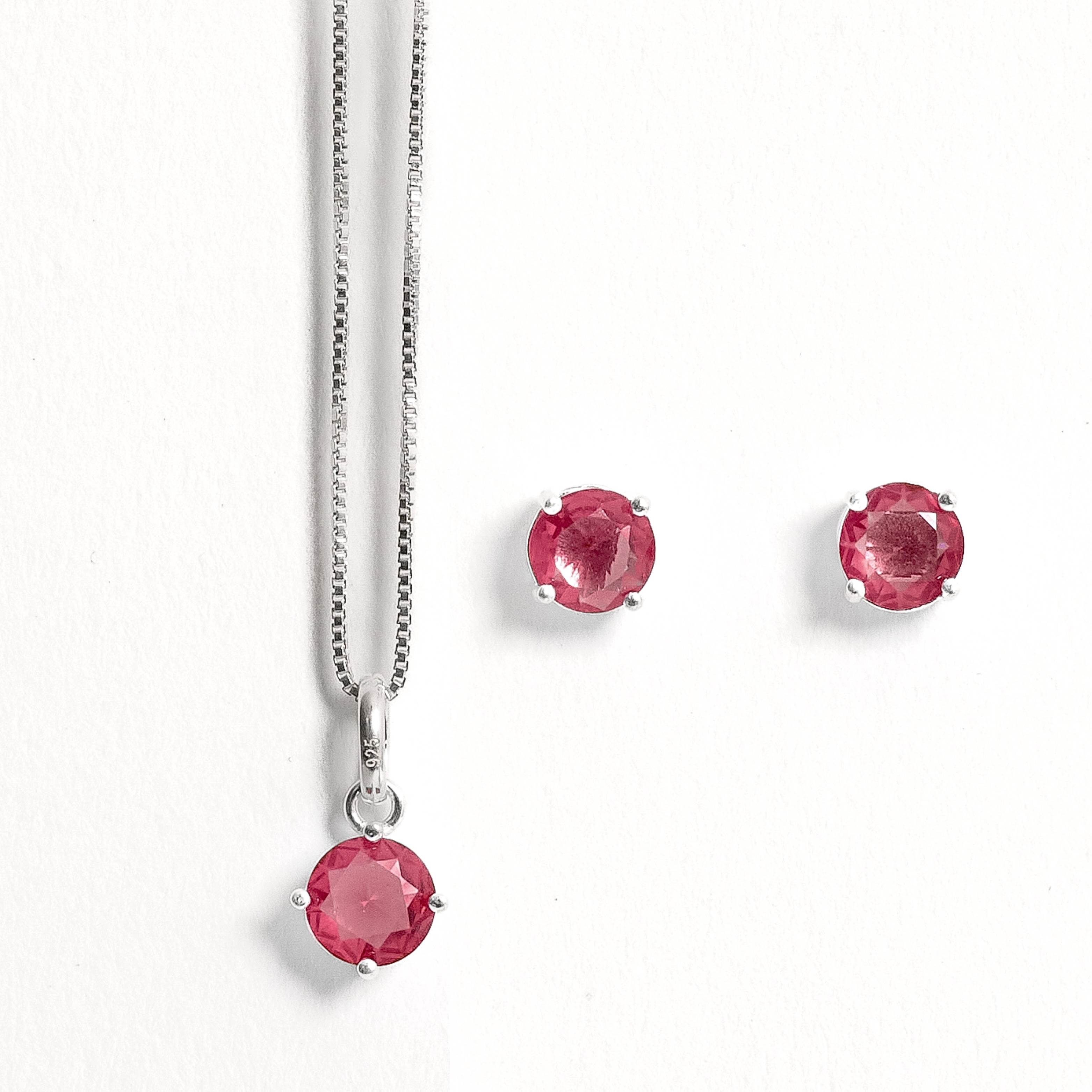 Conjunto brinco e colar zircônia redonda rubi 6mm 45cm