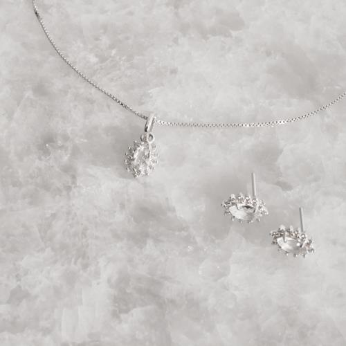 Conjunto brinco e colar zircônia navete cristal com cravejado 9mm 45cm