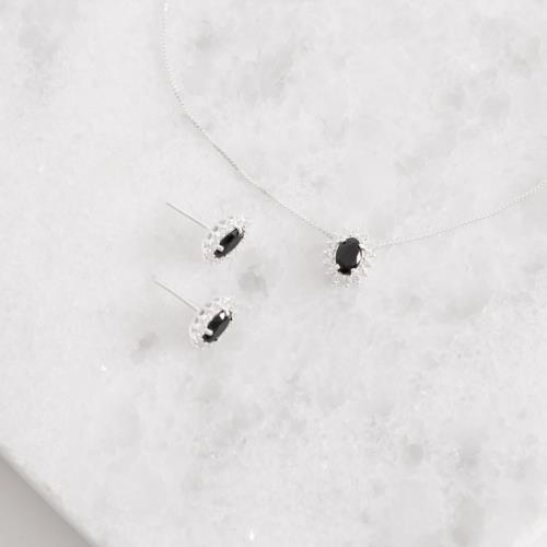 Conjunto brinco e colar zircônia oval ônix com cravejado 10mm 45cm