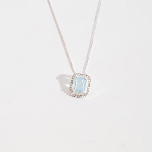 Colar zircônia retangular azul claro com cravejado 13mm 45cm