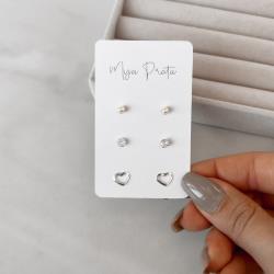 Trio pérola, zircônia e coração vazado