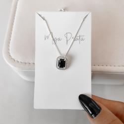 Colar zircônia retangular ônix com cravejado 13mm 45cm