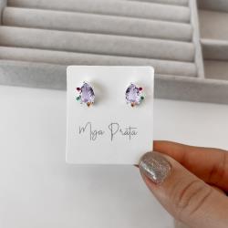 Brinco zircônia gota lilás com cravejado colorido 12mm