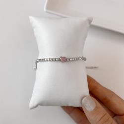 Pulseira Riviera 2.5 detalhe zircônia coração rosa 16,5cm com alongadora ródio