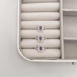 Anel zircônia retangular ametista com cravejado