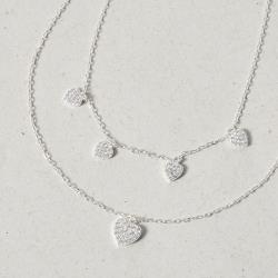 Colar duplo pingentes corações cravejados 5mm 40cm e coração cravejado 8mm 45+5cm