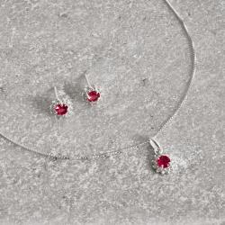 Conjunto brinco e colar zircônia redonda cereja com cravejado 7mm 45cm