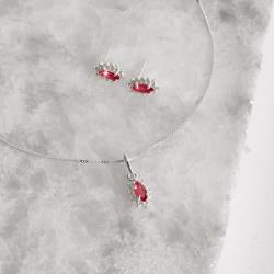 Conjunto brinco e colar zircônia navete cereja com cravejado 9mm 45cm