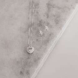 Conjunto brinco e colar zircônia coração embutida cristal com cravejado 10mm 45cm