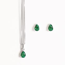Conjunto brinco e colar zircônia gota esmeralda 6x4mm 40cm