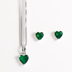 Conjunto brinco e colar zircônia coração esmeralda 6mm 45cm