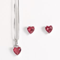 Conjunto brinco e colar zircônia coração rubi 6mm 45cm