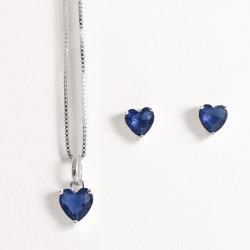 Conjunto brinco e colar zircônia coração azul 6mm 45cm