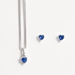 Conjunto brinco e colar zircônia coração azul 4mm 40cm