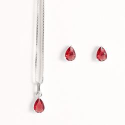 Conjunto brinco e colar zircônia gota rubi 7x5mm 45cm
