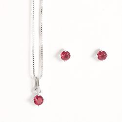 Conjunto brinco e colar zircônia redonda rubi 4mm 40cm