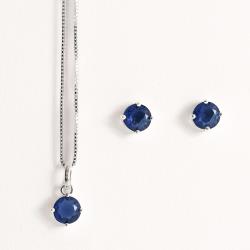 Conjunto brinco e colar zircônia redonda azul 6mm 45cm
