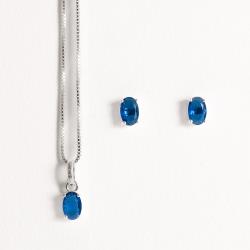 Conjunto brinco e colar zircônia oval azul 6x4mm 45cm