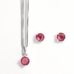 Conjunto brinco e colar zircônia redonda rubi 6mm 45cm