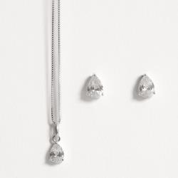 Conjunto brinco e colar zircônia gota cristal 6x4mm 40cm